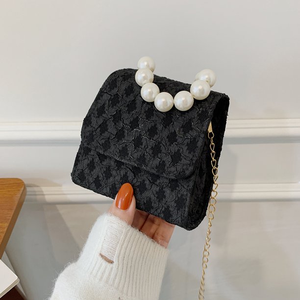 Bsvklp Bolsos De Hombro De Color Puro De Encaje Retro Bolso Bandolera Con Cadena De Perlas Para Mujer (Negro) Bsvklp Para estrenar