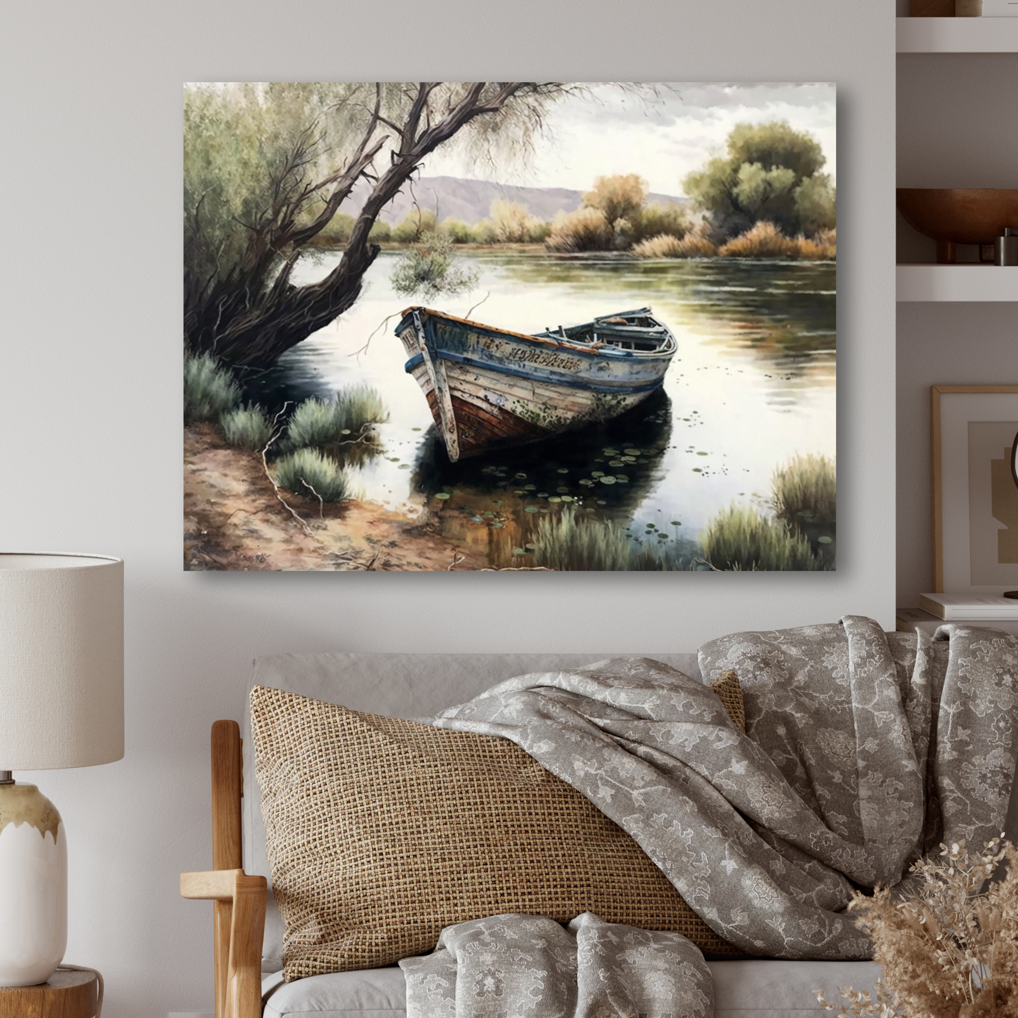 Designart Fishing Boat In The River Canvas Wall Art