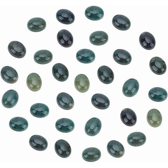 30Pcs Natural Oval Moss Stone 0.4 Inch Oval Cabochon Flatback Gemstones Quartz Chakra Stone Flat Back Agate Gemstone Stone Beads No Hole for Jewelry Making