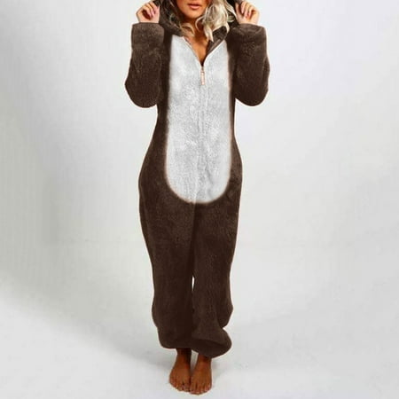 

ERTUTUYI Women Long Sleeve Hooded Jumpsuit Pajamas Casual Winter Warm Rompe Sleepwear Brown L