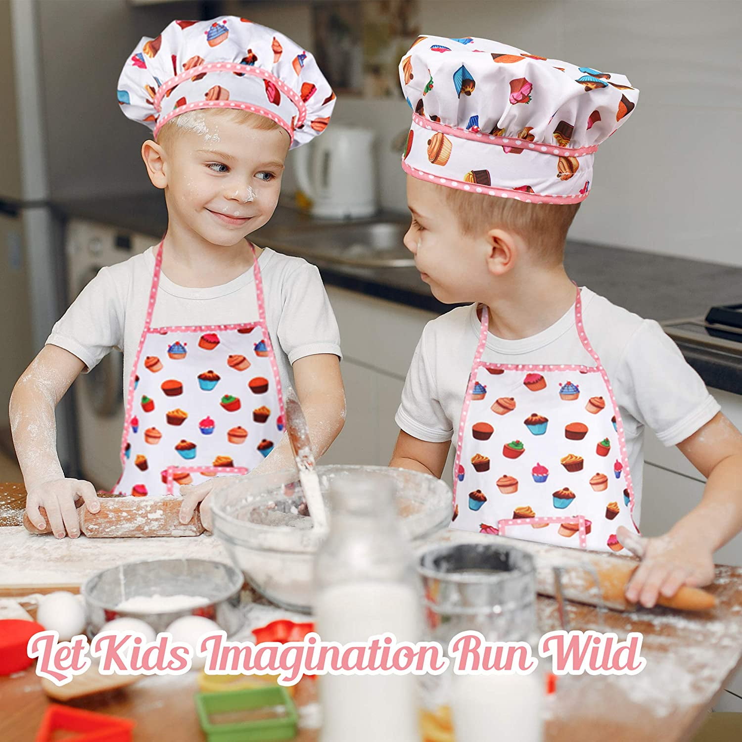 Htooq Cute Kids Cooking And Baking Set 24 Pcs Kids Aprons For Girls Toddler Chef Hat Apron Dress Up Chef Costume Little Girl Apron Set Pretend Play