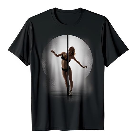 Black T-Shirt with Graphic of Woman in Dark Pole Dancing Unique Circle Design