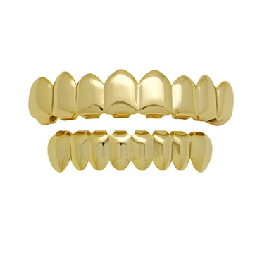 18K Gold Plated Hip Hop Teeth Grillz Set – Custom Top & Bottom Diamond Grill Mouthpiece