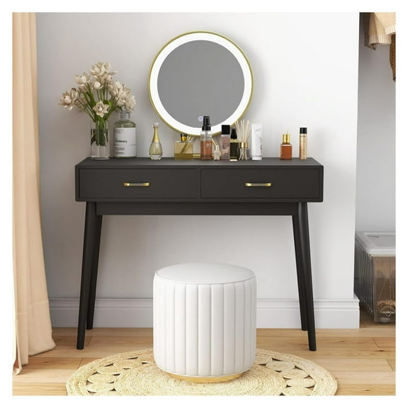 Small Desk with Drawers - 40 Inch Home Office Study Writing Desk for Bedroom, Vanity Desk with 4 Solid Legs, Modern Computer Desk for Small Spaces (Balck) Black