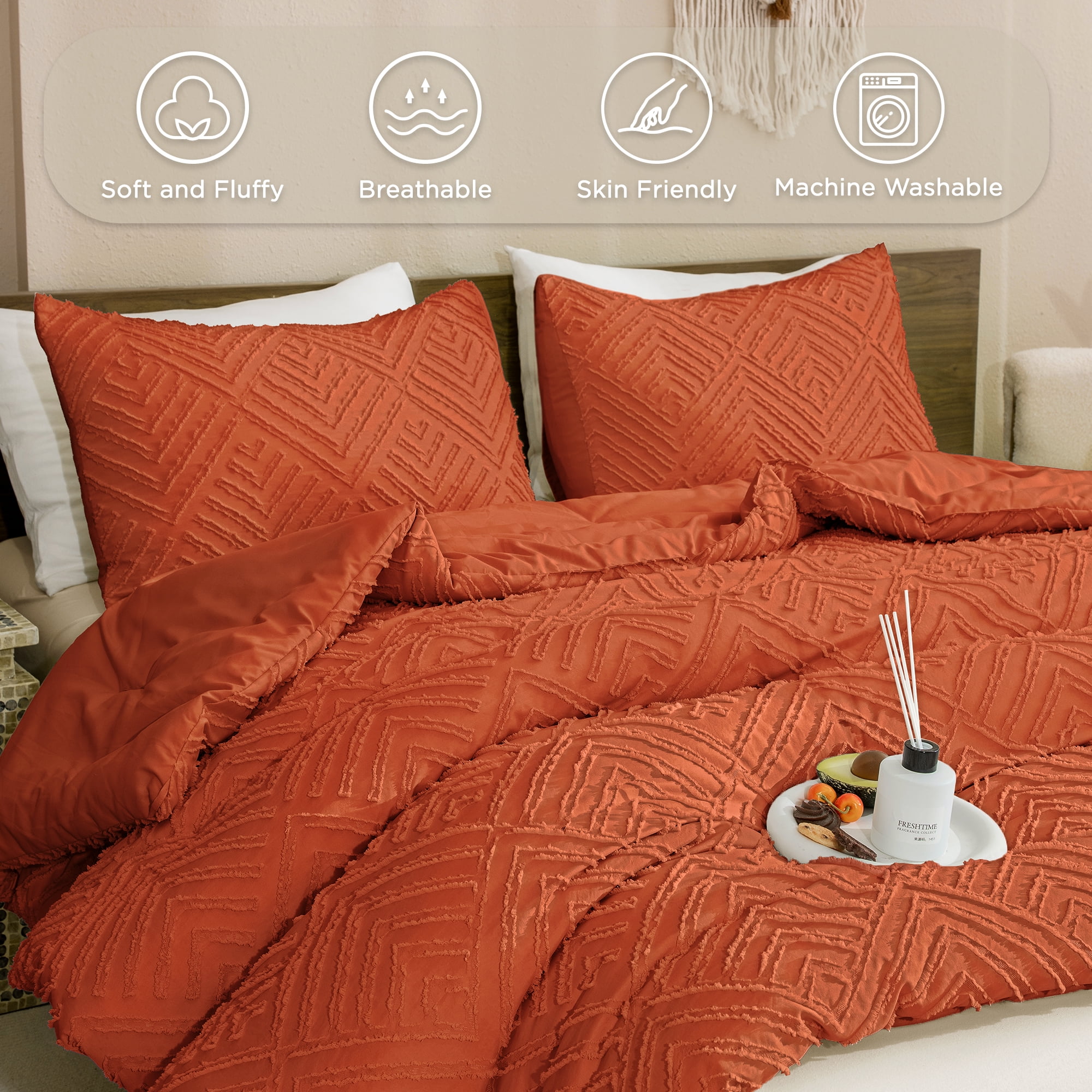 ANGENIA Queen Size Comforter Set Burnt Orange, 3 Pieces Soft Fluffy Terracotta Fall Boho Bedding Comforter Sets for Queen Bed, Rust Tufted Design Bed Set for All Seasons