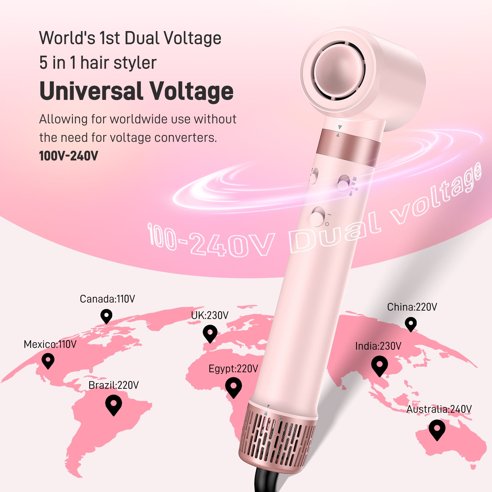 RACCOMB Dual Voltage Hair Styler 5-in-1 High-Speed Dryer Brush with Negative Ion Technology, Pink