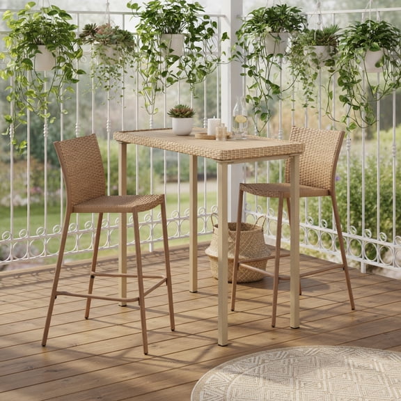 Resenkos 3-Piece Rustic Outdoor Bar Set – Light Brown Metal & PE Rattan Patio Table 2 Stackable Armless Bar Chairs for Backyard, Poolside & Patio