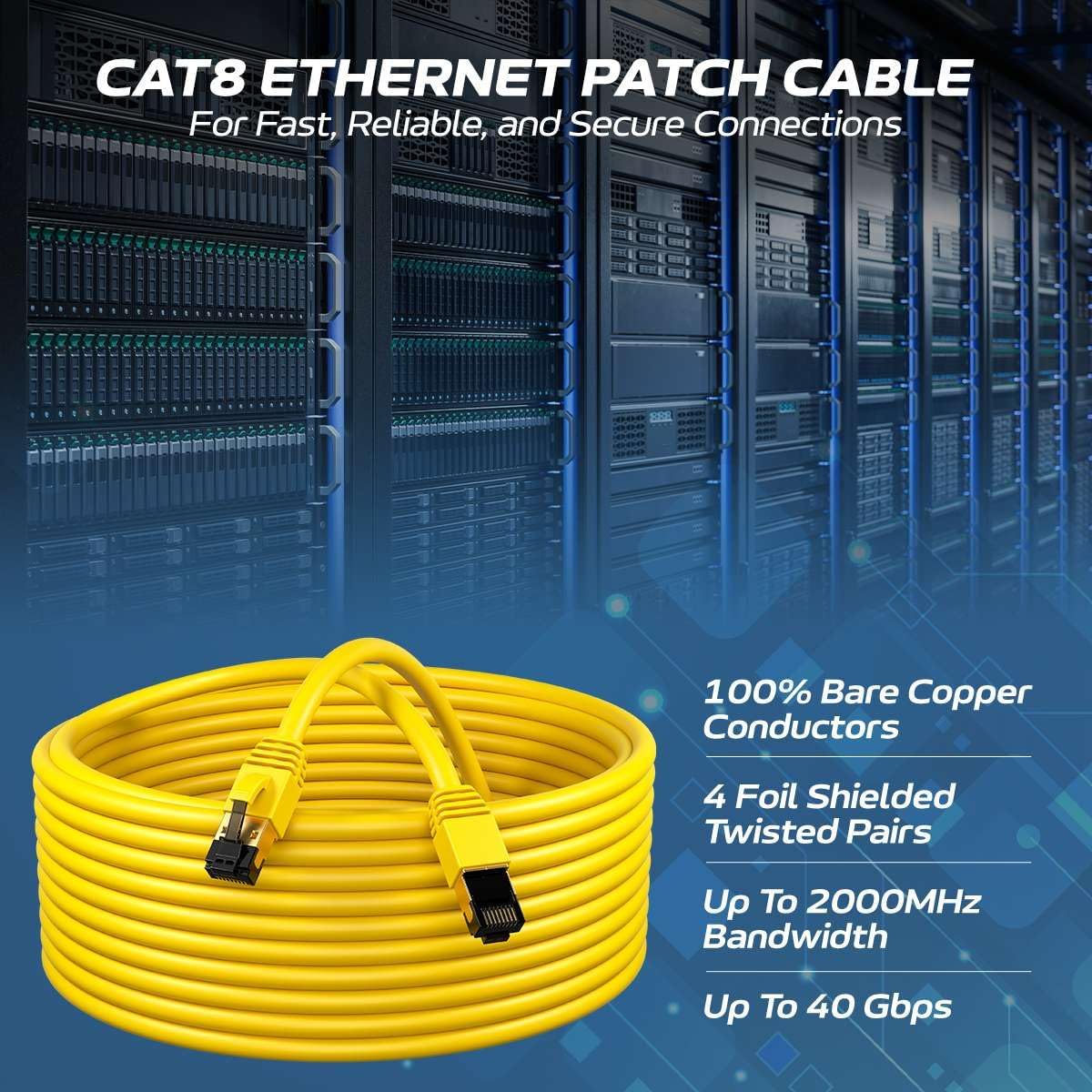 35FT Cat8 Ethernet Cable Copper Shielded RJ45 Cord for Router, PC, Gaming, Servers, PoE Security Cameras, Smart TVs, 40Gbps High-Speed Network Patch, Yellow, Cables Direct Online
