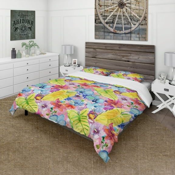 Designart 'Tropical Yellow Leaves and Blue and Red Flowers' Floral Duvet Cover Set