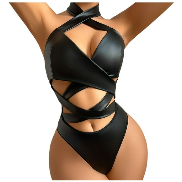 TSADFHJI Womens Lingerie Nightgown Xs Women Lingerie Sexy Black Lace up Leather Backless Teddy Sexy Lady Bodysuit Latex Underwear S Black
