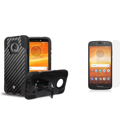 Optic Screen Protector 12 Layer - Slim Dual Layer Impact Resistant Kickstand Case (Carbon Fiber) with Bubble-Free Tempered Glass Screen Protector and Atom Cloth for Moto E5 Play