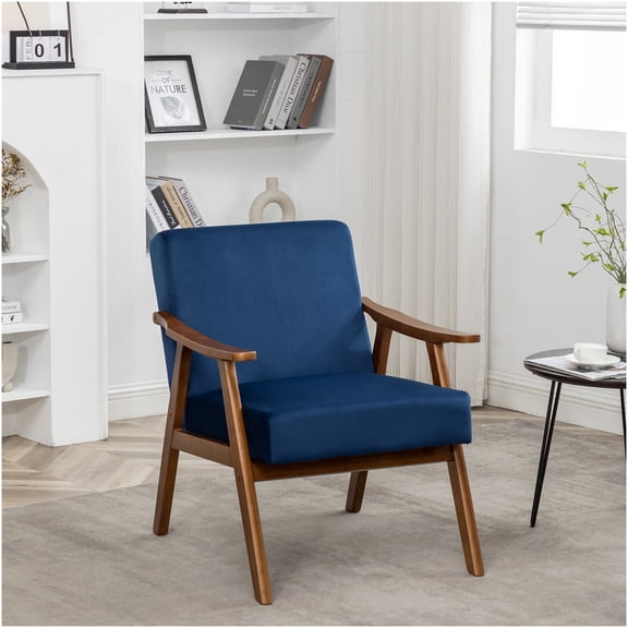 Mid-Century Modern Velvet Accent Chair, Dark Blue Upholstered Solid Wood Frame Chair for Living Room & Bedroom