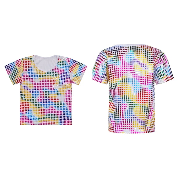 Kids Girls Boys Sparkly Metallic Shiny Short Sleeves Dance Tops Modern Jazz Hop Dance Party Stage Performance 4-5 Years