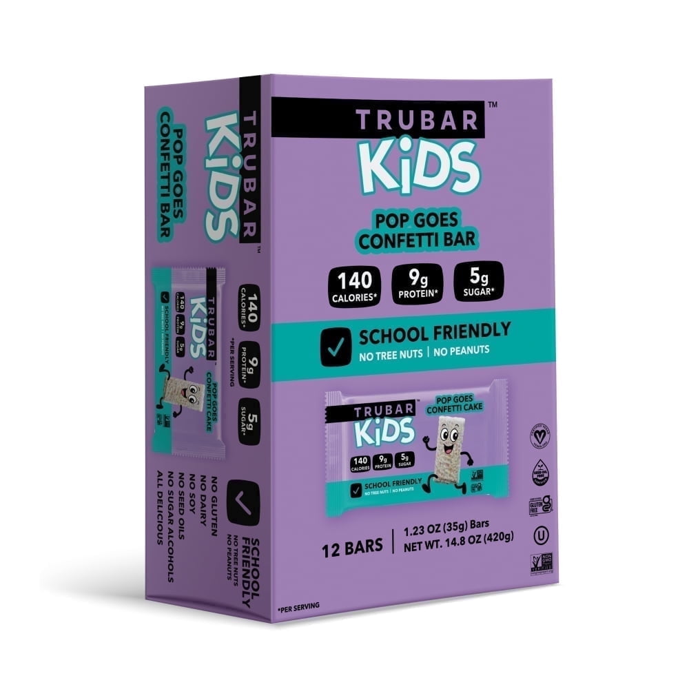 TRUBAR Kids Pop Goes Confetti, Plant-Based Protein Bar, Vegan, Gluten-Free, 12 Count