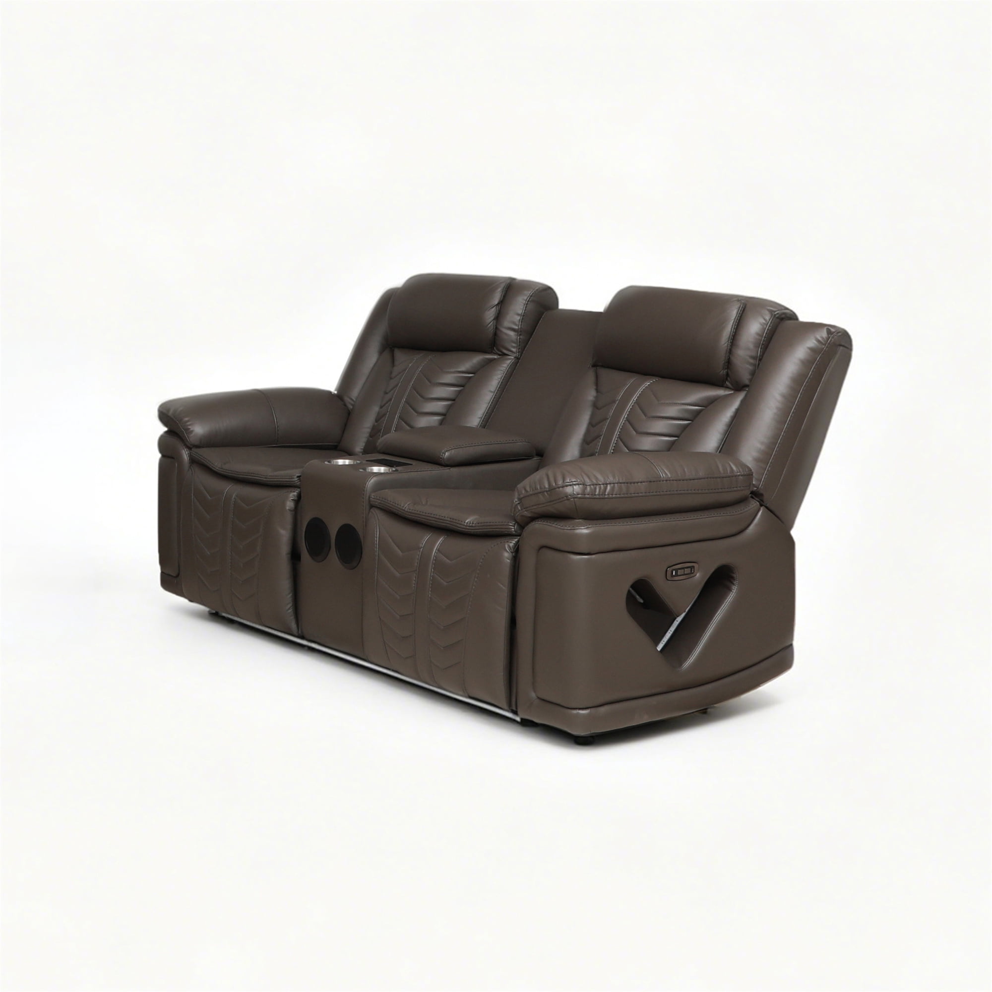 Electra Luxury Power Reclining Loveseat - Dark Brown Faux Leather Motion Console Couch with Built-In Bluetooth Speakers, Storage, Cup Holders, and Cinematic LED Lighting