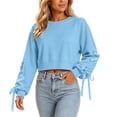 thumbnail image 2 of thefmos Women's Fall Winter Long Sleeve Cropped Tops Crewneck Solid Pullover Sweatshirts Y2K Casual Basic Streetwear Cozy Layering Vacation Clothes, Light Blue XL, 2 of 9