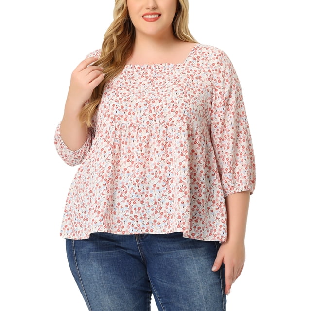 Blusa Babydoll de Talla Grande para Mujer Agnes Orinda con Cuello Cuadrado y Manga 3/4 en Color Rosa 4X