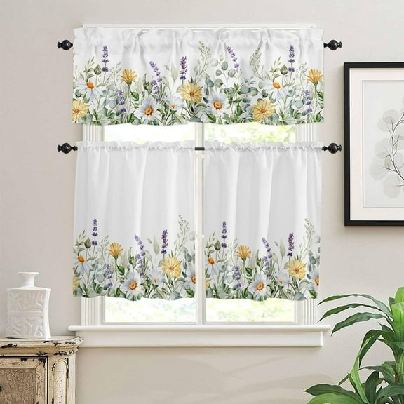 3 Piece Kitchen Curtains Tiers and Valances Set, Lavender Daisy Flower Eucalyptus Leaves Watercolor Floral Spring Short Rod Pocket Window Curtain for Bedroom, Bathroom