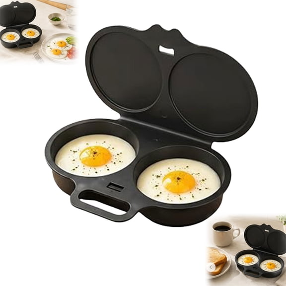 Pekwouc Microwave Egg Cooker 2 Eggs, Dual Cavity Egg Poacher with Lid & Handle, Black Microwave Egg Maker for Quick Breakfast Cooking