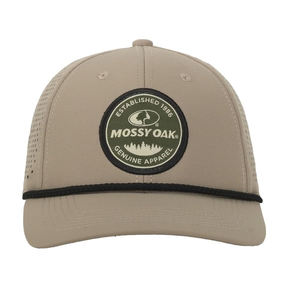 Mossy Oak Structured 6-Panel Performance Hat – Die-Cut Woven Logo, Perforated Cap, Khaki, One Size