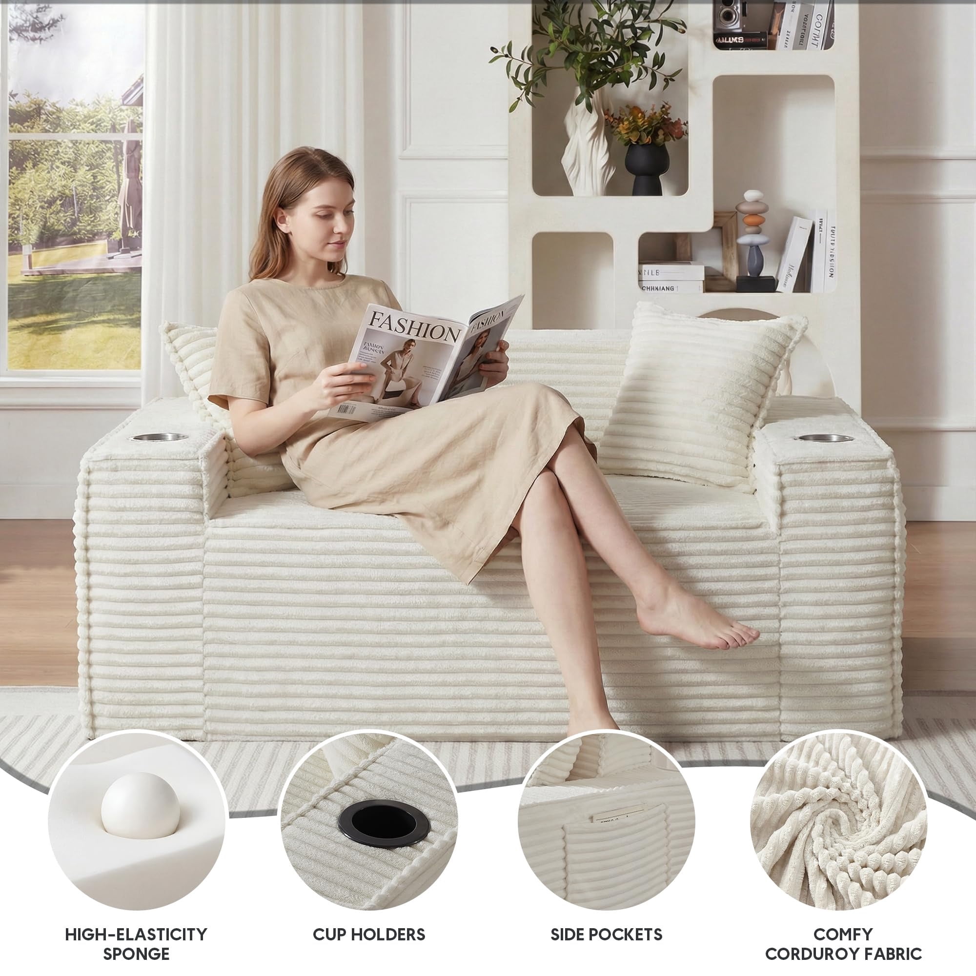 Aukfa 3 Piece Boneless Couch Set, Small Loveseat Cloud Sofa for Living Room, 2 Cup Holders&Storage Pockets, Corduroy, White