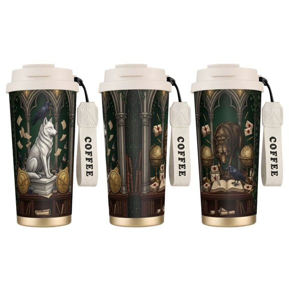 1pc Wolf Tumbler 18oz Viking Themed Wolf & Raven, Leak-proof Stainless Steel Travel Mug