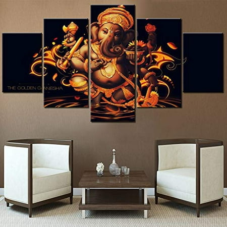Large Painting Ganesh Pictures For Living Room 5 Panel Canvas Wall Art India Festivity Decor Modern Artwork Home Decorations Giclee Wooden Framed Gallery Wrapped Ready To Hang 60 Wx32 H Canada - Large Wall Art For Living Room India
