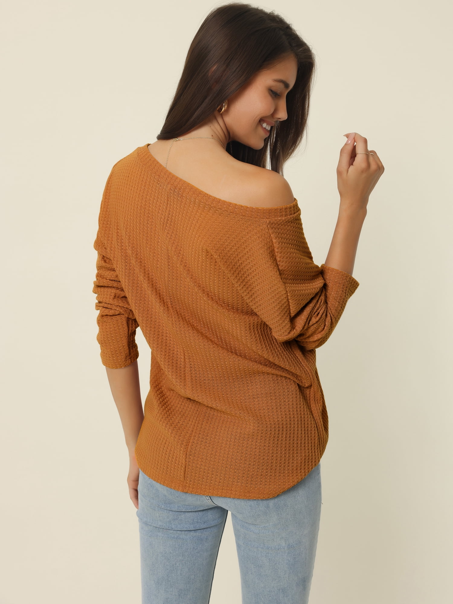 Women's Waffle Knit V Neck Long Sleeve Casual Blouse Lightweight Top L Brown