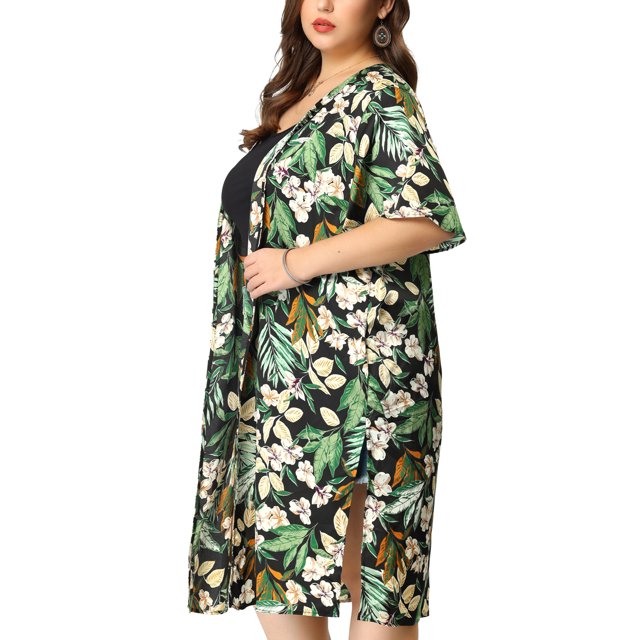 Women's Plus Size Cardigans Floral Split Hem Casual Cardigan Black 2X