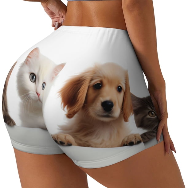 Fotbe Cute Kittens And Puppy Shorts Sin Costuras – Shorts Deportivos de Cintura Alta para Mujer, Elásticos para Gimnasio, Yoga, Running o Ciclismo-Small