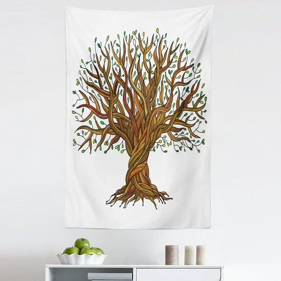 Oak Tree Tapestry, Swirling Branches Roots Hand Drawing Look Leaves on Plain Background, Fabric Wall Hanging Decor for Bedroom Living Room Dorm, 5 Sizes, Redwood Caramel Green, by Ambesonne