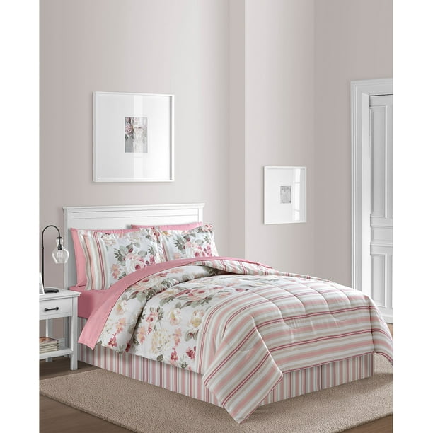 Irene Pink Floral & Stripes Reversible Queen Comforter Set (8 Piece Bed ...
