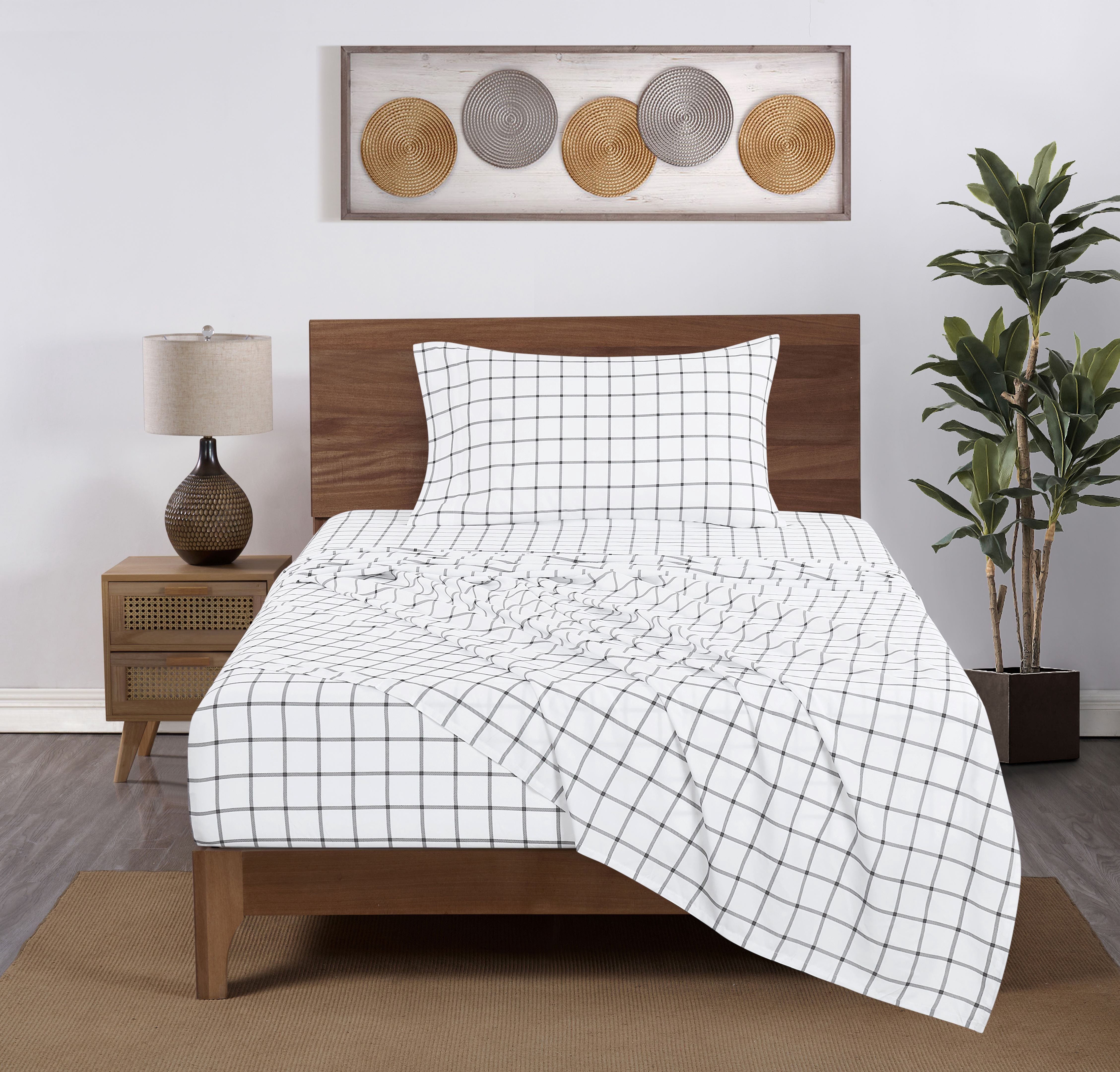 Mainstays Super Soft High Quality Brushed Microfiber Bed Sheet Set, Twin-XL, White Windowpane, 3 Piece