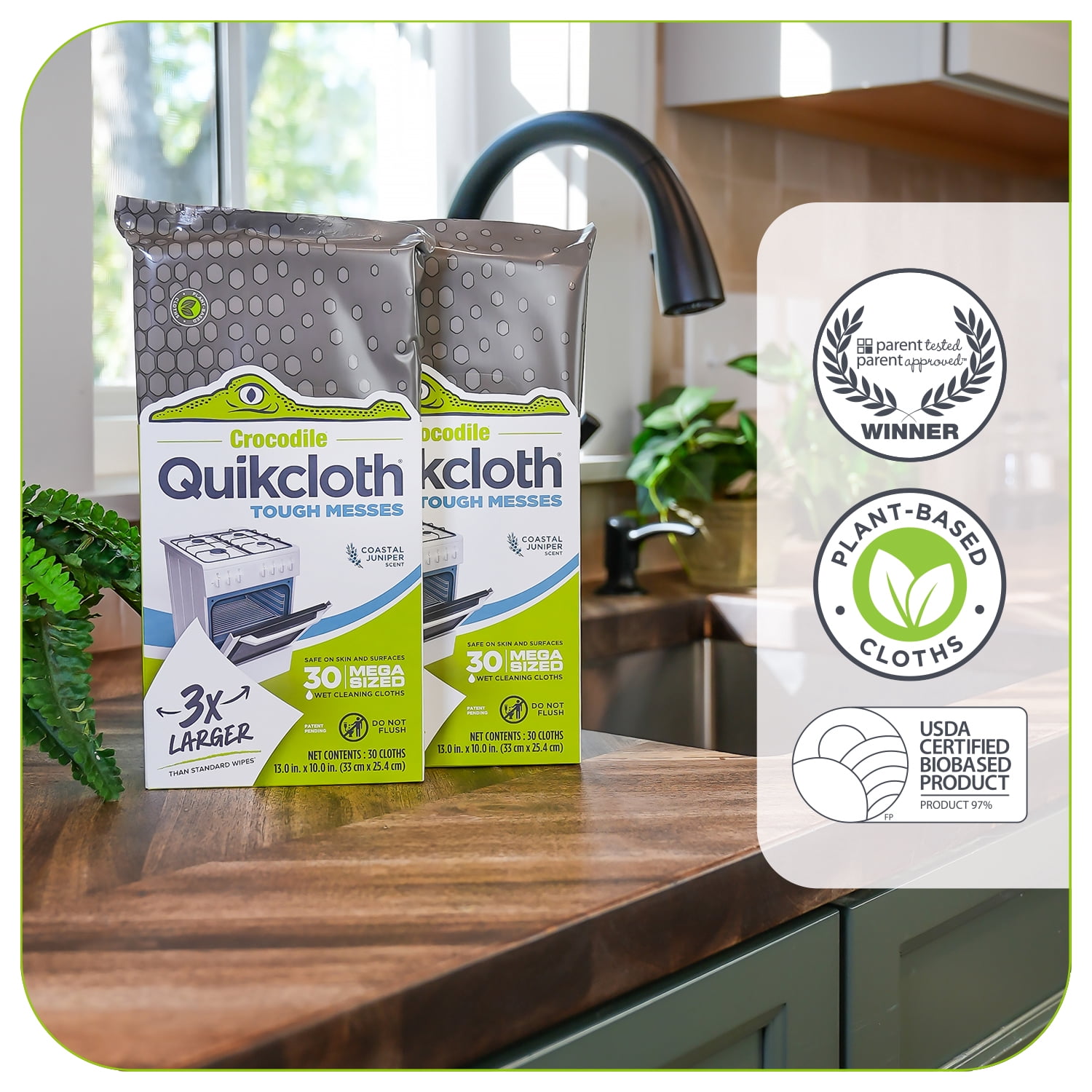 Quikcloth® Tough Messes Plant-Based Cleaning Wipes – Parent Tested & Approved with Plastic-Free, Gentle, Safe for Hands & Home Surfaces