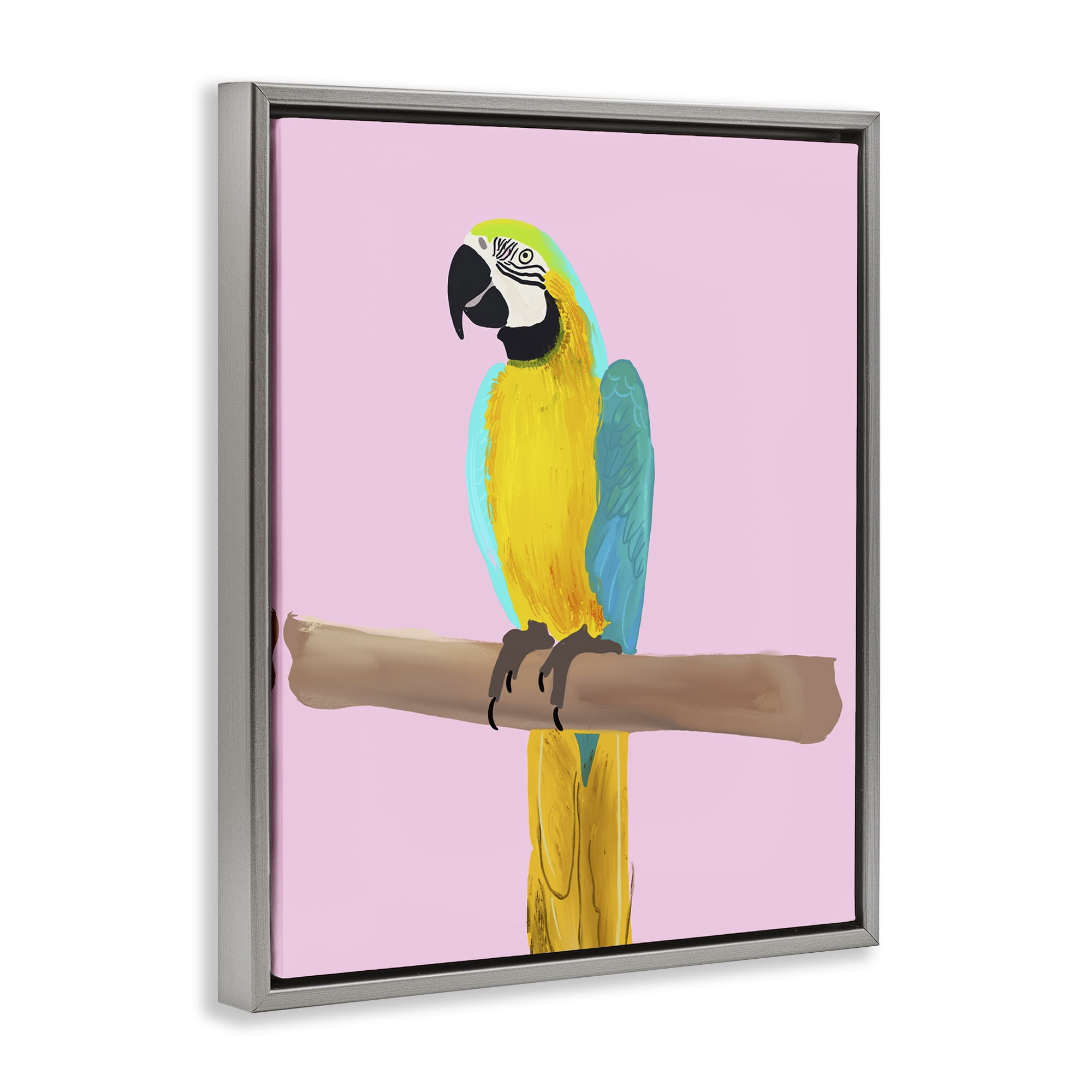 Stupell Industries Bright Parrot on Pink Animals Painting Gray Floater Framed Canvas Art Print Wall Art, 17 x 21