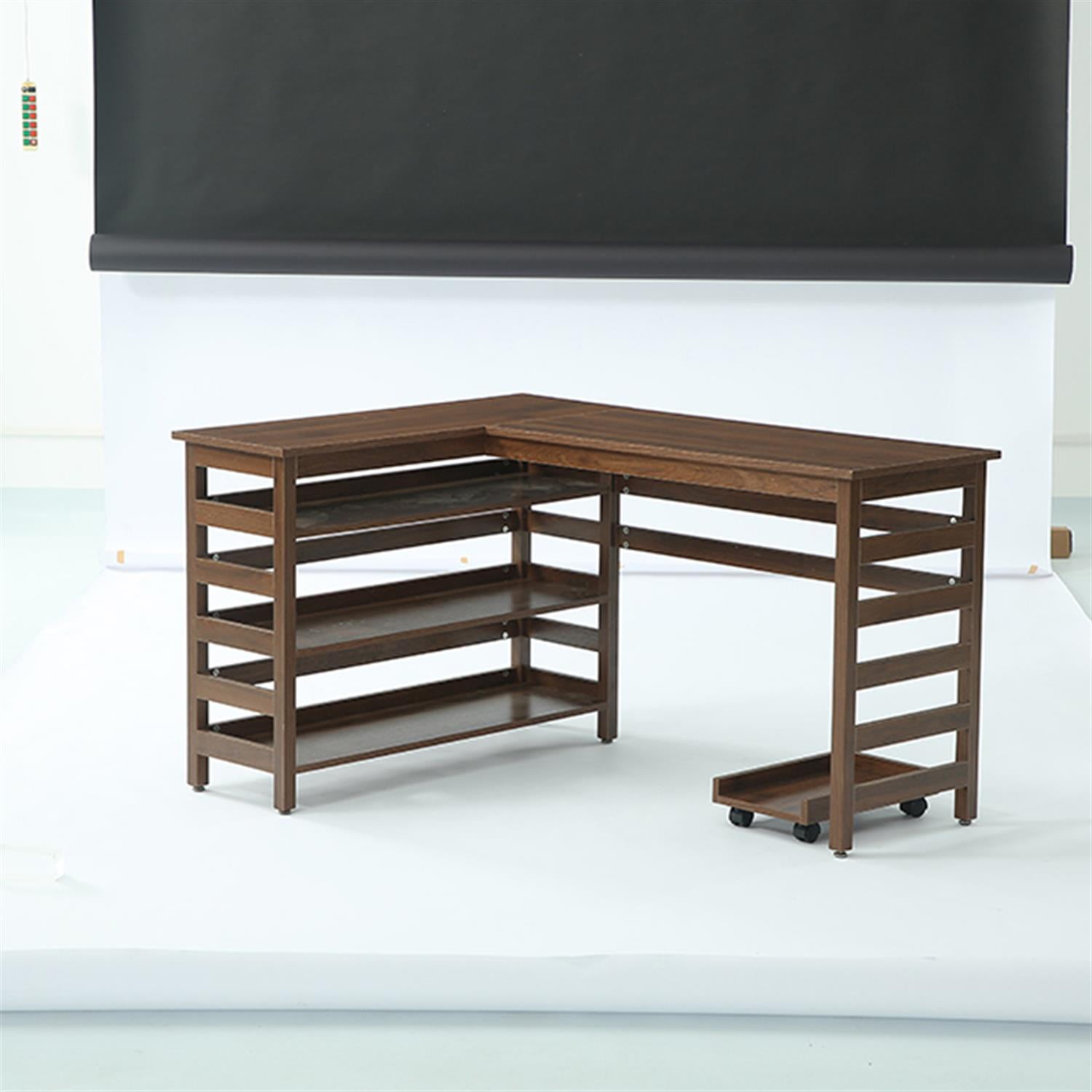 Demi Bonn L-Shaped Executive Desk, 53" Corner Office Desk with 4-Tier Storage Shelf for Home Living Room, Office, Brown