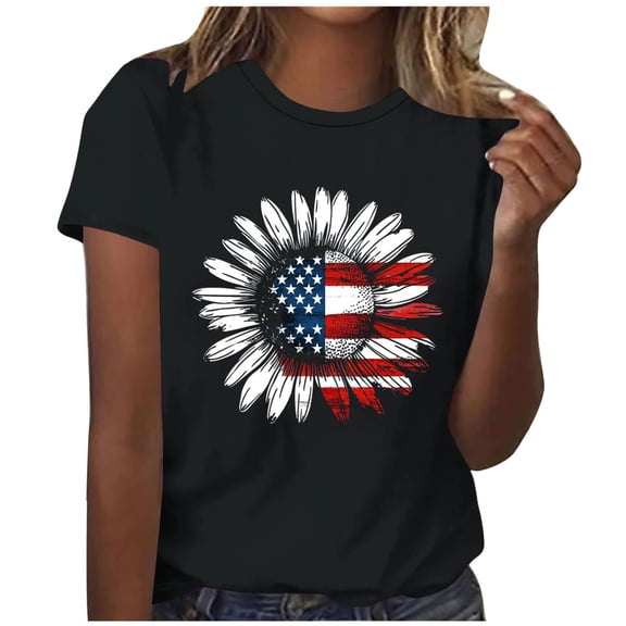 Lorytime Tee Shirts Womens Fourth of July Short Sleeve Shirt Crew Neck Summer Tee Stripe Star Basic Clothes M