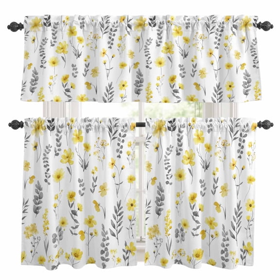Yellow Spring Floral Kitchen Curtains Sets for Windows 36 Inch Length, Flowers Botanical Elegant Pastoral Rod Pocket Window Treatments Tier Curtains and Valances Set for Bedroom/Bathroom