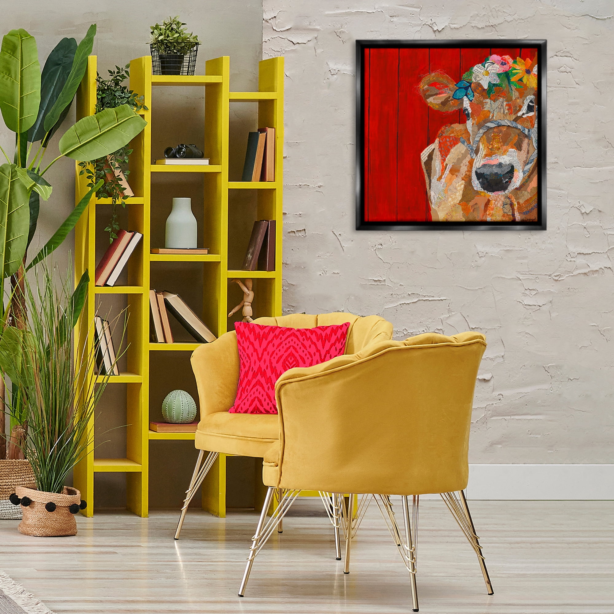 Stupell Industries Red Barn Cow Collage Animals Painting Black Floater Framed Canvas Art Print Wall Art, 25 x 25