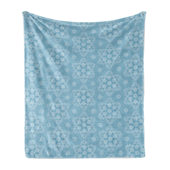 Vintage Soft Flannel Fleece Blanket, Christmas Holiday Themed Illustration of Snowflakes in Lace Style Pattern, Cozy Plush for Indoor and Outdoor Use, 60" x 80", Pale Blue and White, by Ambesonne