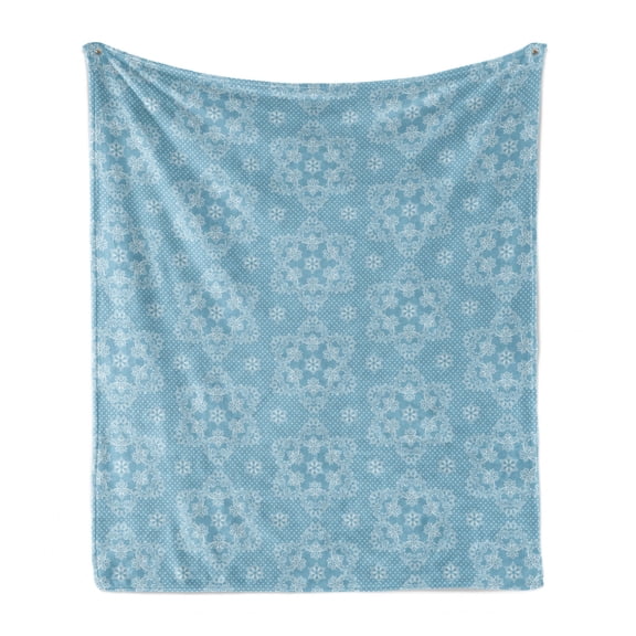 Vintage Soft Flannel Fleece Blanket, Christmas Holiday Themed Illustration of Snowflakes in Lace Style Pattern, Cozy Plush for Indoor and Outdoor Use, 70" x 90", Pale Blue and White, by Ambesonne