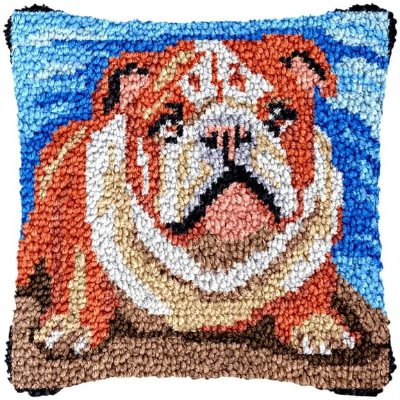 Bulldog Frowning Latch Hook Pillow Cover Kits for DIY Handmade Throw Pillow Cross Stitch Latch Hook Pillowcase Rug Kits with Preprinted Color Pattern Canvas Crochet Yarn Kits 17''X 17''(ch194)