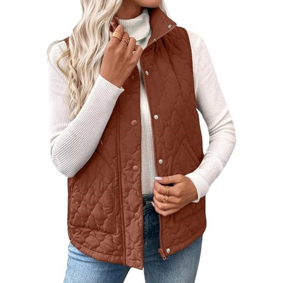 Womens Puffer Vest Trendy Lightweight Quilted Jackets Zip Up Stand Collar Button Padded Coat Fall Spring Winter Casual Work Outerwear, XL
