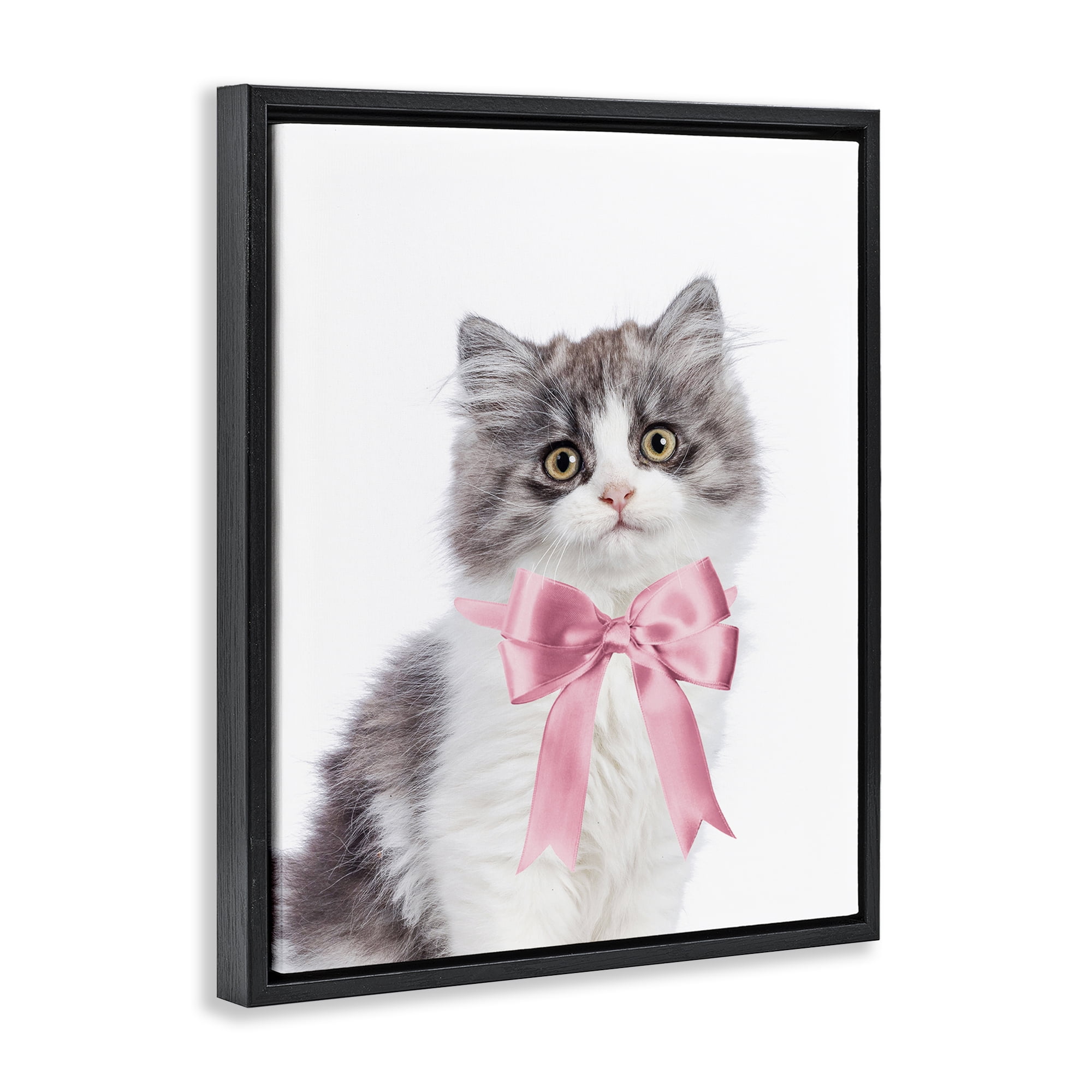 Stupell Industries Kitten with Pink Bow Animals Painting Black Floater Framed Canvas Art Print Wall Art, 25 x 31