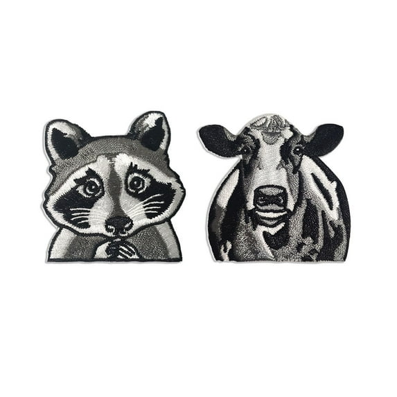 WIRESTER Set 2pcs Logo Sew Ironed On Badge Embroidery Applique Patch, DIY Vintage Embroidered Patches, for Hats, Jackets, Shirts, Vests and Jeans - Raccoon + Black Spot Cow