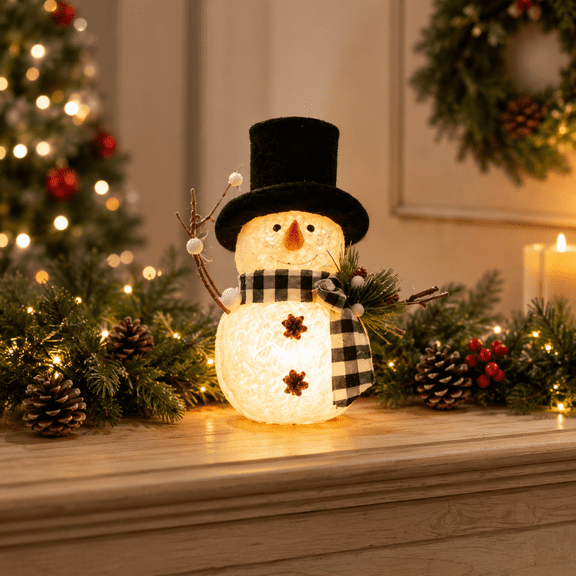 Lighted Snowman Christmas Decor Warm Glow Tabletop Figurine With Top Hat And Plaid Scarf For Mantel Shelf Fireplace Winter Home Decoration Multicolor