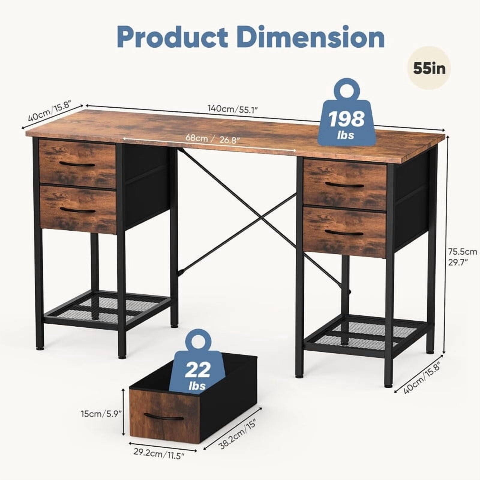 Kelno 55 Inch Computer Desk with 4 Fabric Drawer Storage Shelf Gaming Writing Table, Rustic Brown