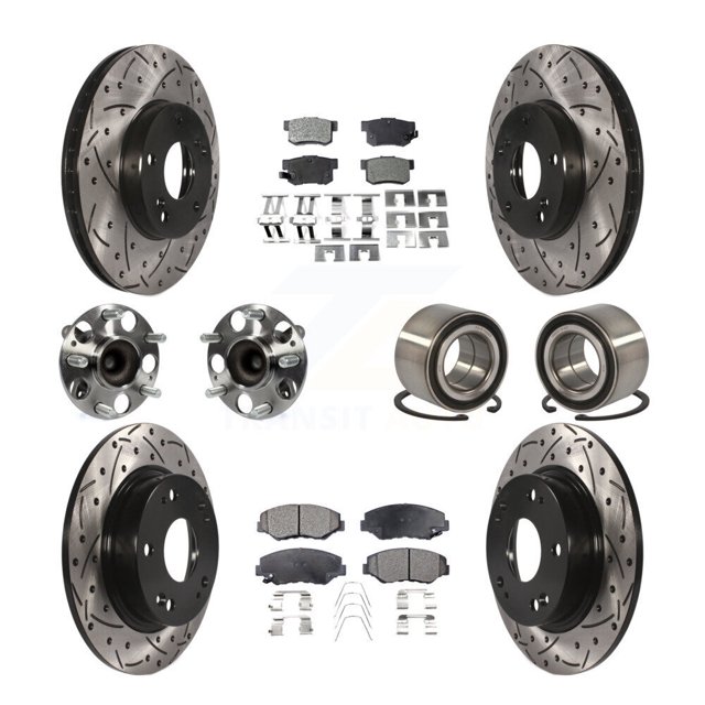 Transit Auto Front Rear Wheel Hub Bearings Assembly Coated Disc Brake Rotors and Ceramic Pads Kit (10Pc) for Car Honda Civic - Left Right Side (Driver Passenger) KBB-107559