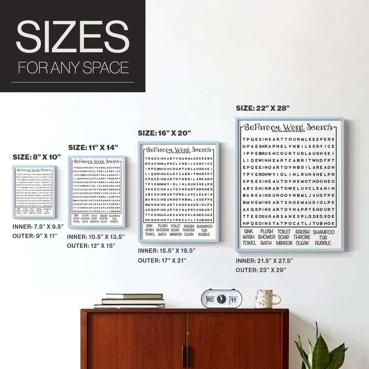 Bath Word Search in Paper Solid Wood 11 x 14 Framed Print