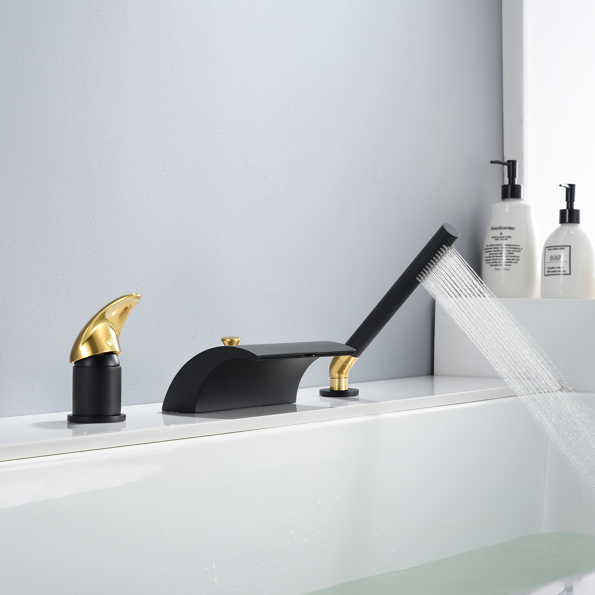 SUMERAIN Waterfall Roman Tub Faucet Deck Mount Bathtub Faucet Brass Tub Filler with Hand Shower, Black and Gold Finish